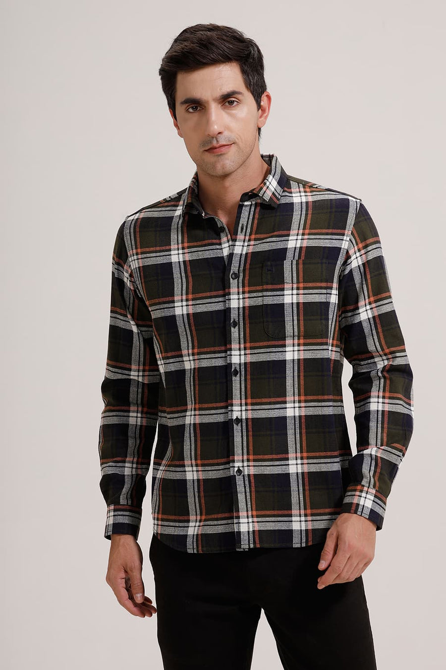 BASICS SLIM FIT RIFLE GREEN COTTON HOPSACK CHECKS SHIRT