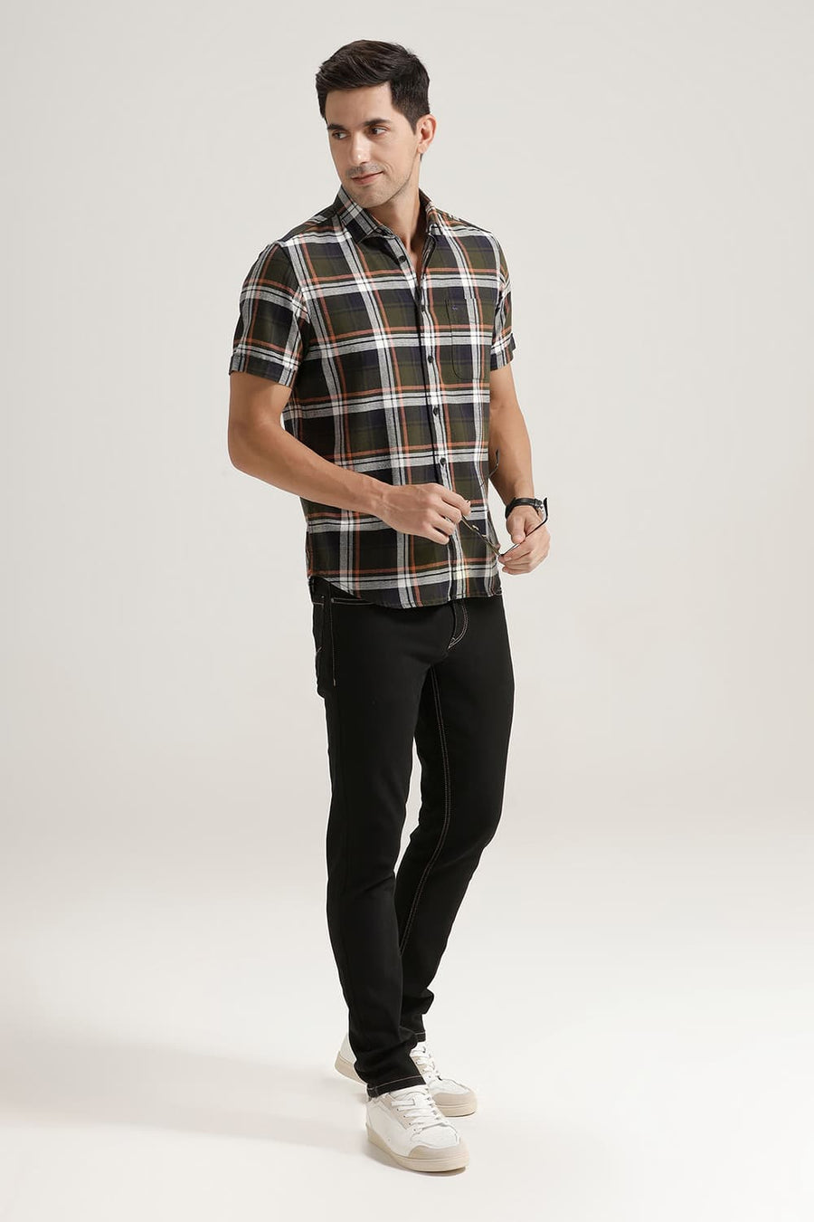 BASICS SLIM FIT RIFLE GREEN COTTON HOPSACK CHECKS HALFSLEEVES SHIRT