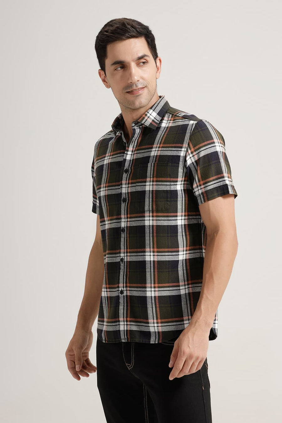 BASICS SLIM FIT RIFLE GREEN COTTON HOPSACK CHECKS HALFSLEEVES SHIRT