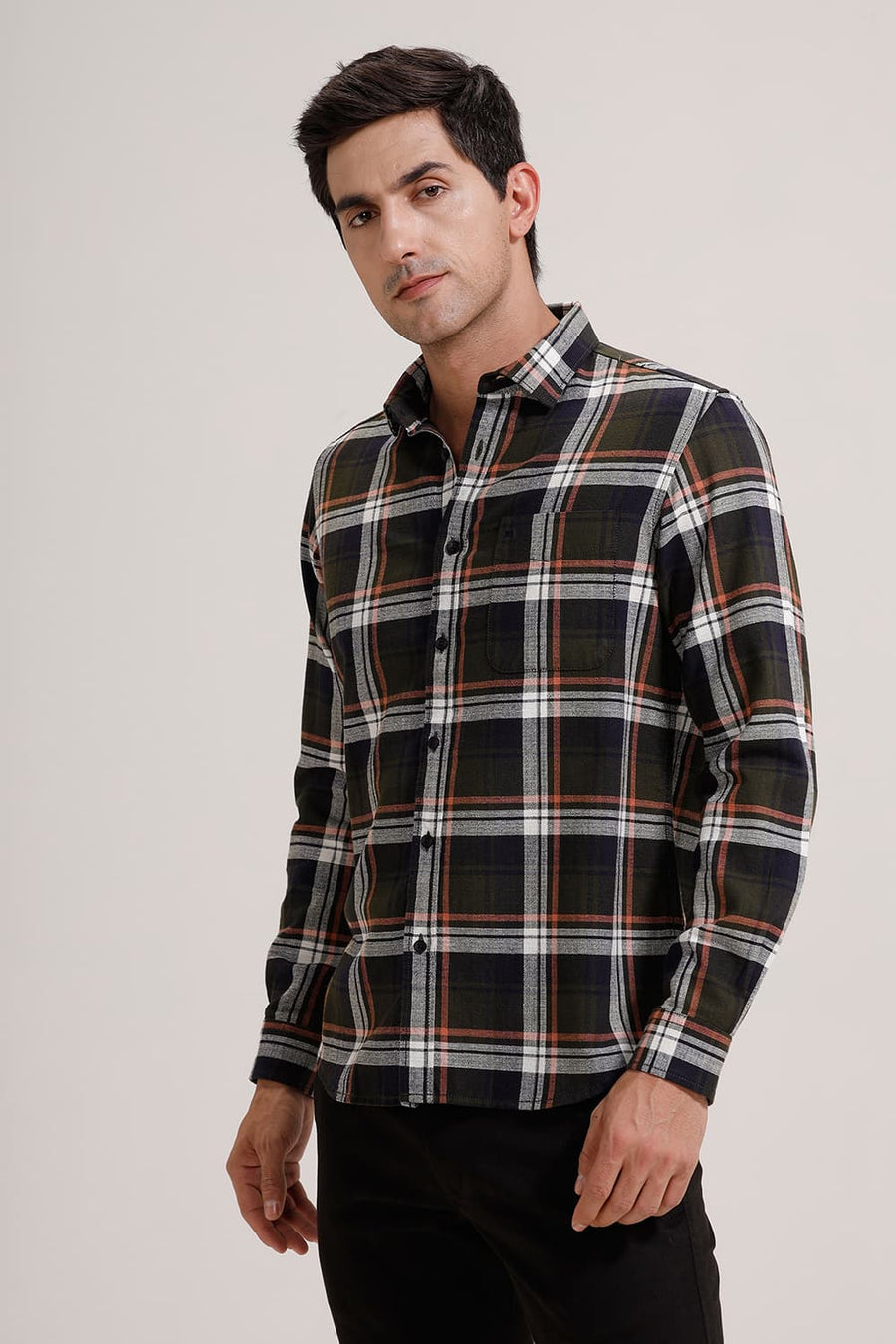 BASICS SLIM FIT RIFLE GREEN COTTON HOPSACK CHECKS SHIRT