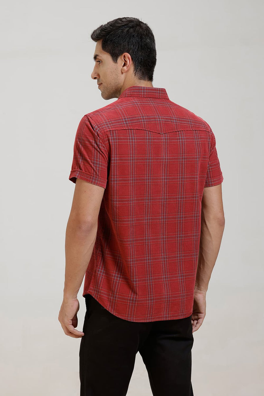 BASICS SLIM FIT SCARLET RED COTTON CORDUROY CHECKS HALFSLEEVES SHIRT
