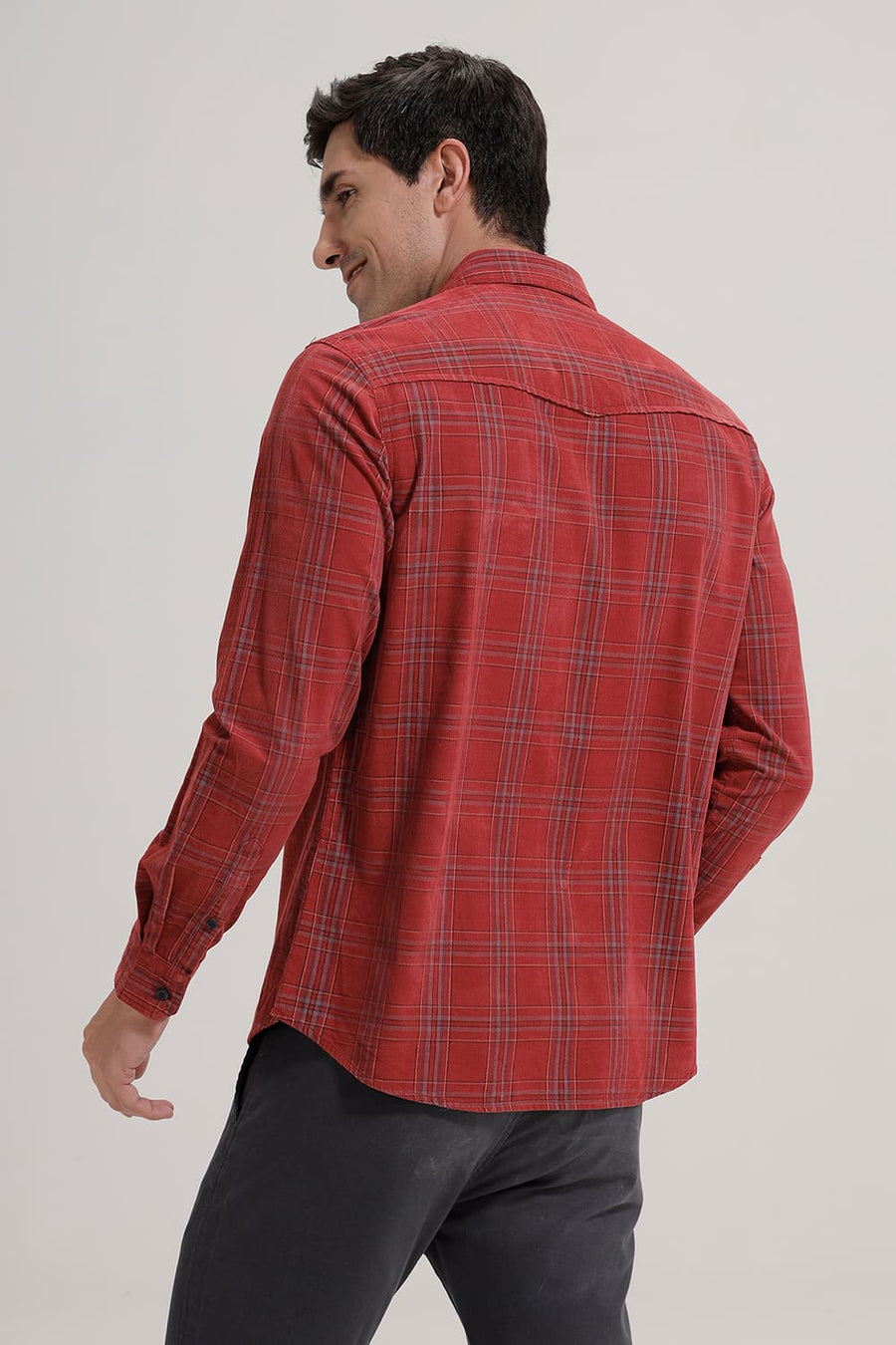 BASICS SLIM FIT SCARLET RED COTTON CORDUROY CHECKS SHIRT