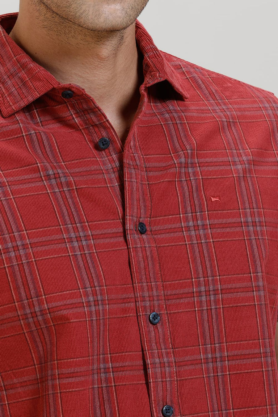 BASICS SLIM FIT SCARLET RED COTTON CORDUROY CHECKS HALFSLEEVES SHIRT