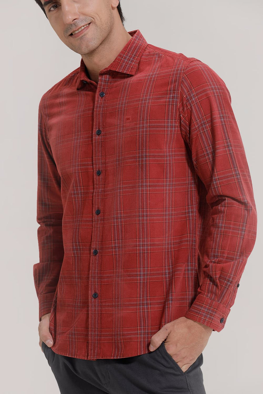 BASICS SLIM FIT SCARLET RED COTTON CORDUROY CHECKS SHIRT