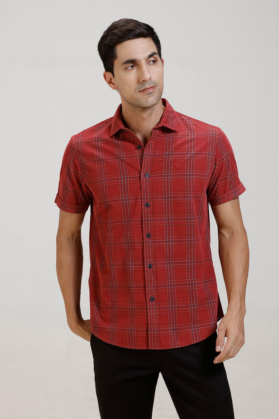 BASICS SLIM FIT SCARLET RED COTTON CORDUROY CHECKS HALFSLEEVES SHIRT