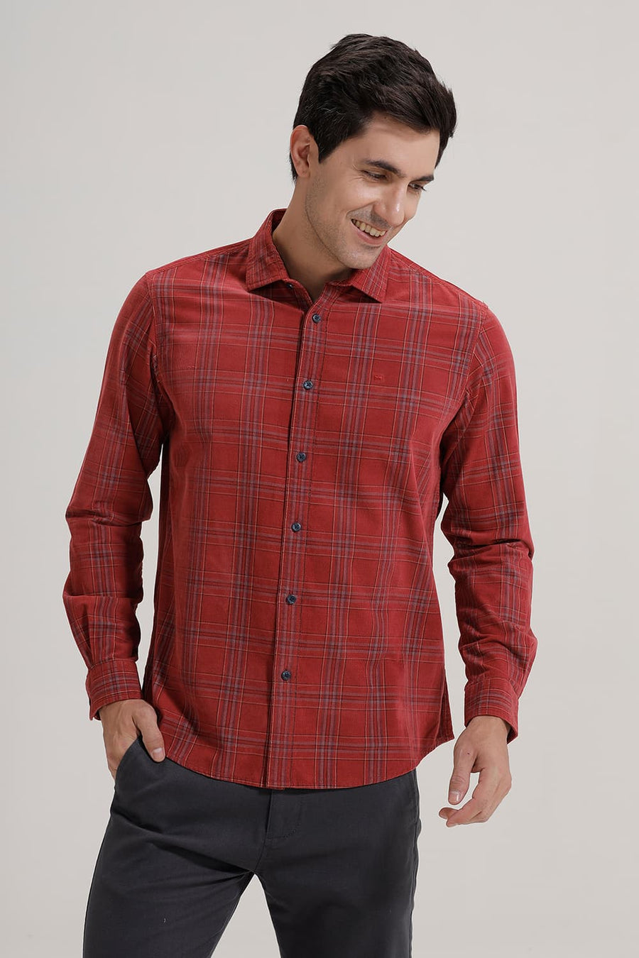 BASICS SLIM FIT SCARLET RED COTTON CORDUROY CHECKS SHIRT