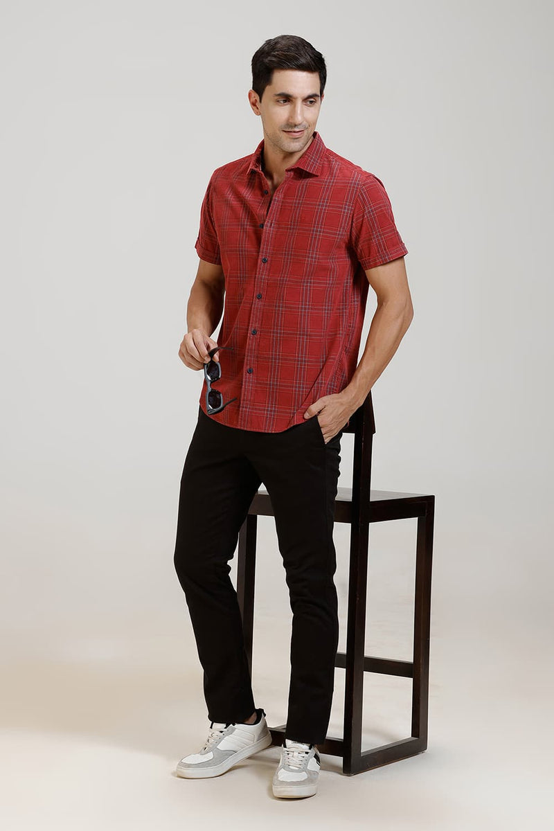 SLIM FIT COTTON CORDUROY CHECKS HALFSLEEVES SHIRT