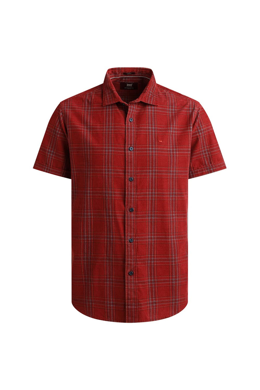 BASICS SLIM FIT SCARLET RED COTTON CORDUROY CHECKS HALFSLEEVES SHIRT