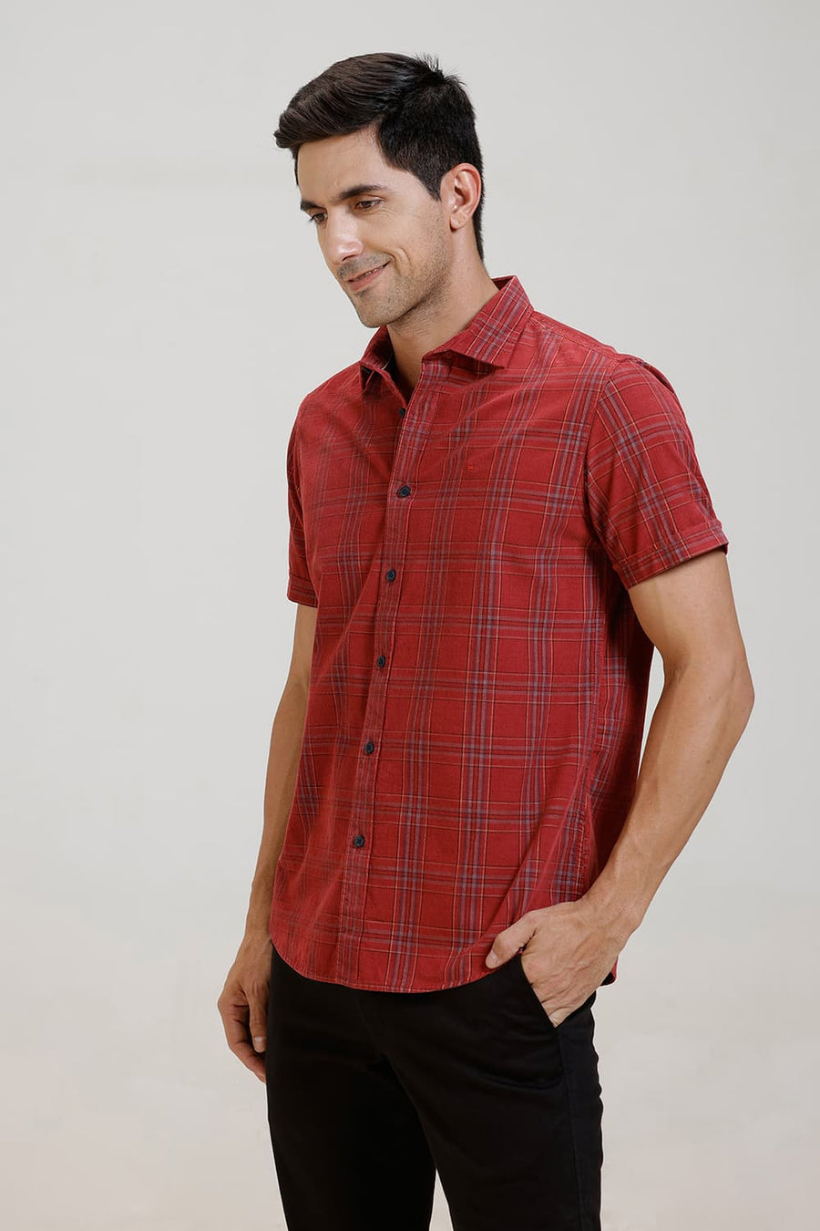 BASICS SLIM FIT SCARLET RED COTTON CORDUROY CHECKS HALFSLEEVES SHIRT