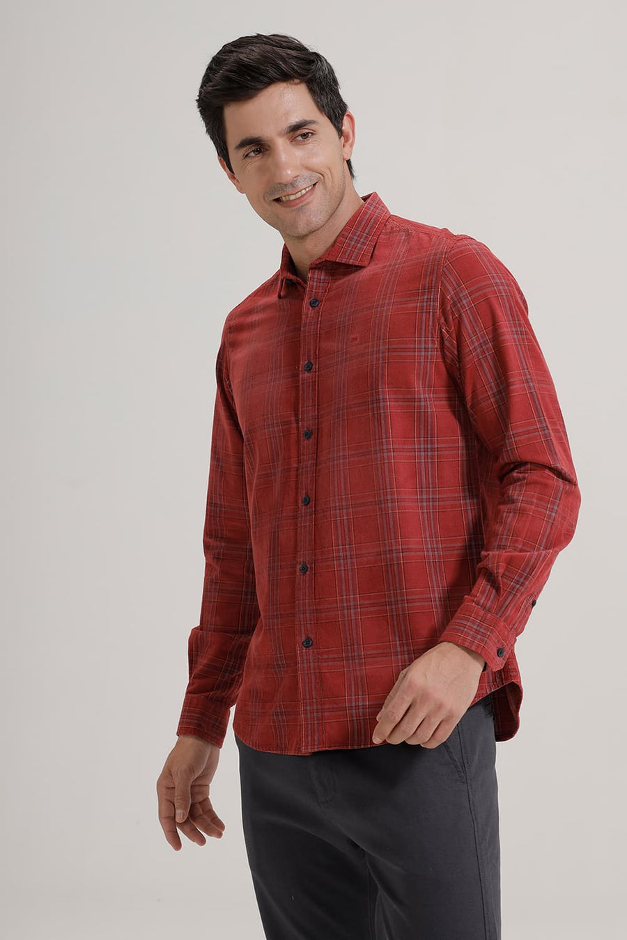 BASICS SLIM FIT SCARLET RED COTTON CORDUROY CHECKS SHIRT