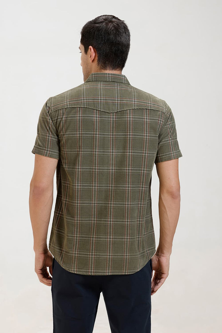 BASICS SLIM FIT OLIVE BRANCH COTTON CORDUROY CHECKS HALFSLEEVES SHIRT