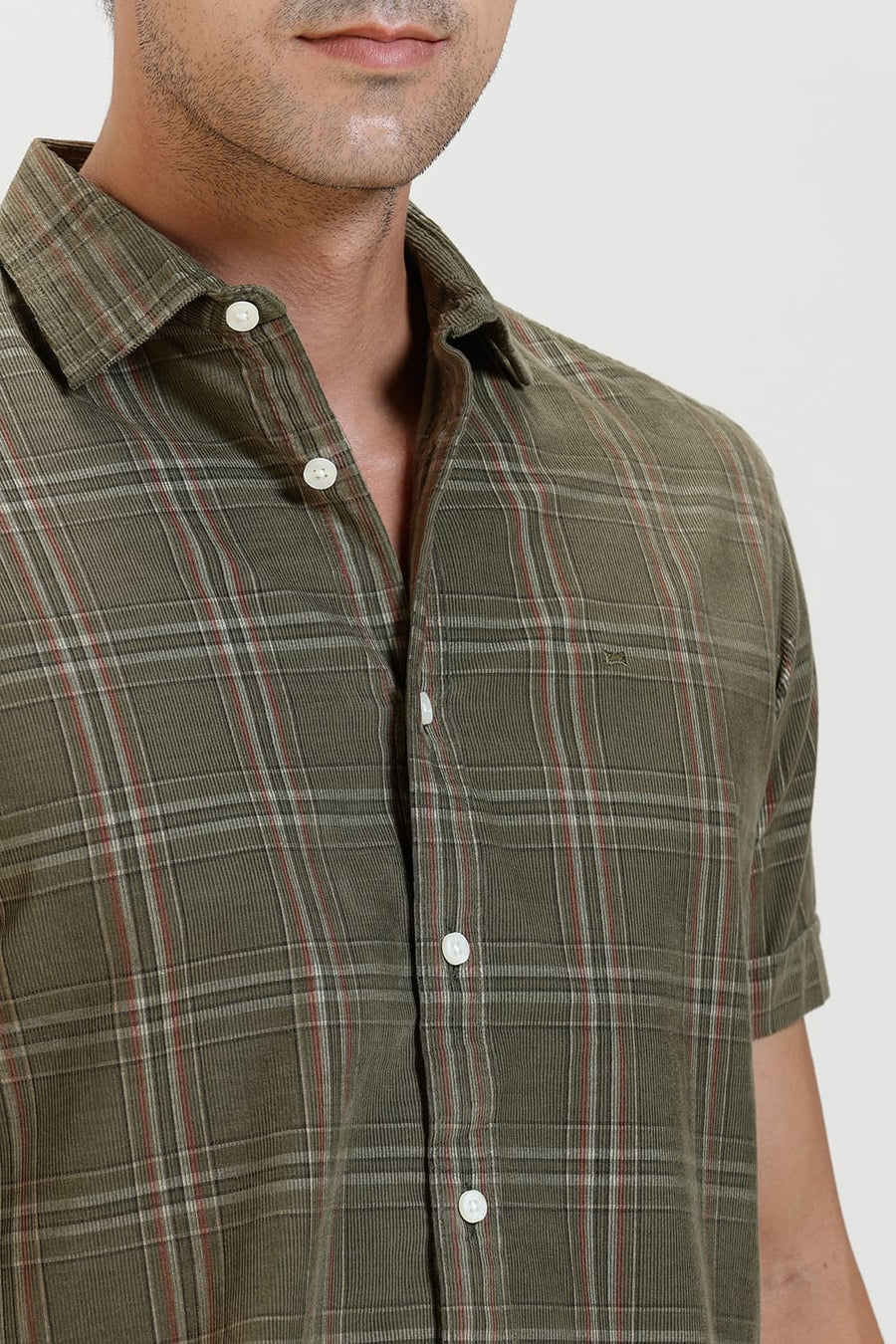 BASICS SLIM FIT OLIVE BRANCH COTTON CORDUROY CHECKS HALFSLEEVES SHIRT
