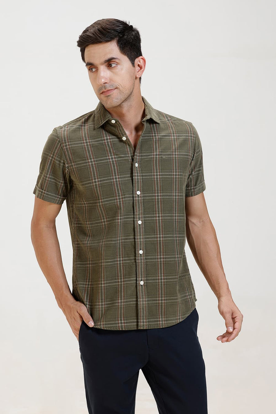 BASICS SLIM FIT OLIVE BRANCH COTTON CORDUROY CHECKS HALFSLEEVES SHIRT