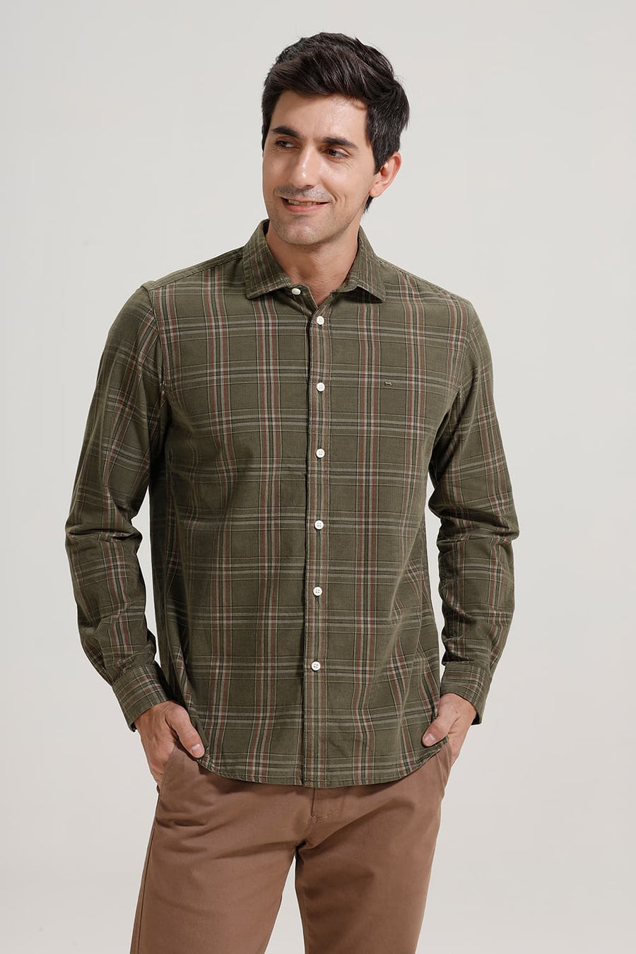 BASICS SLIM FIT OLIVE BRANCH COTTON CORDUROY CHECKS SHIRT