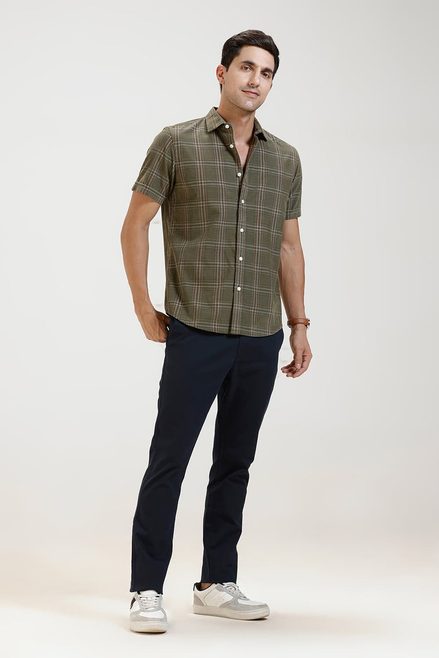 BASICS SLIM FIT OLIVE BRANCH COTTON CORDUROY CHECKS HALFSLEEVES SHIRT