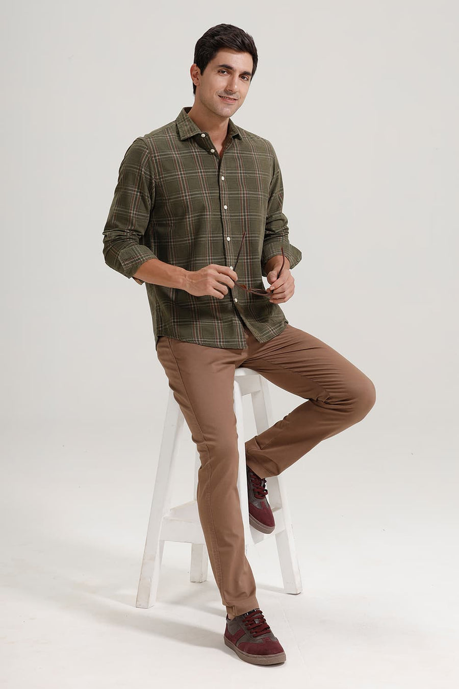 BASICS SLIM FIT OLIVE BRANCH COTTON CORDUROY CHECKS SHIRT
