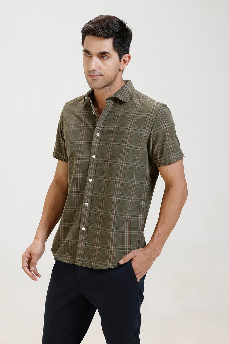 BASICS SLIM FIT OLIVE BRANCH COTTON CORDUROY CHECKS HALFSLEEVES SHIRT