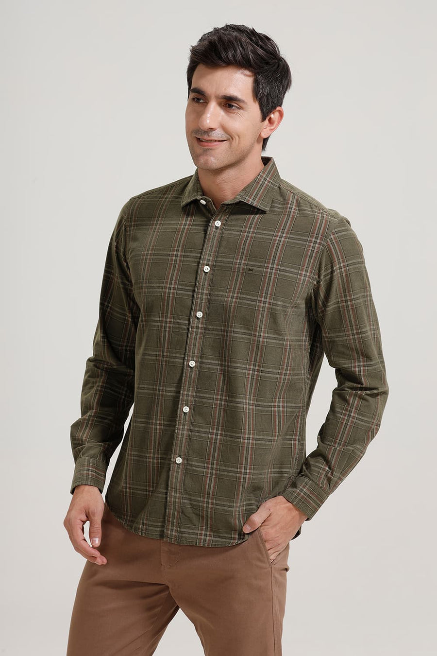 BASICS SLIM FIT OLIVE BRANCH COTTON CORDUROY CHECKS SHIRT