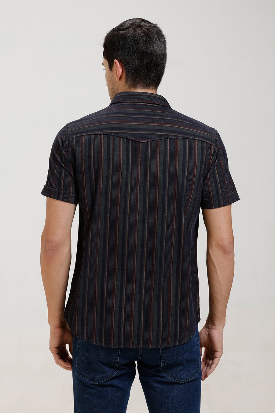 BASICS SLIM FIT DARK GREEN OCEAN COTTON CORDUROY STRIPE HALFSLEEVES SHIRT