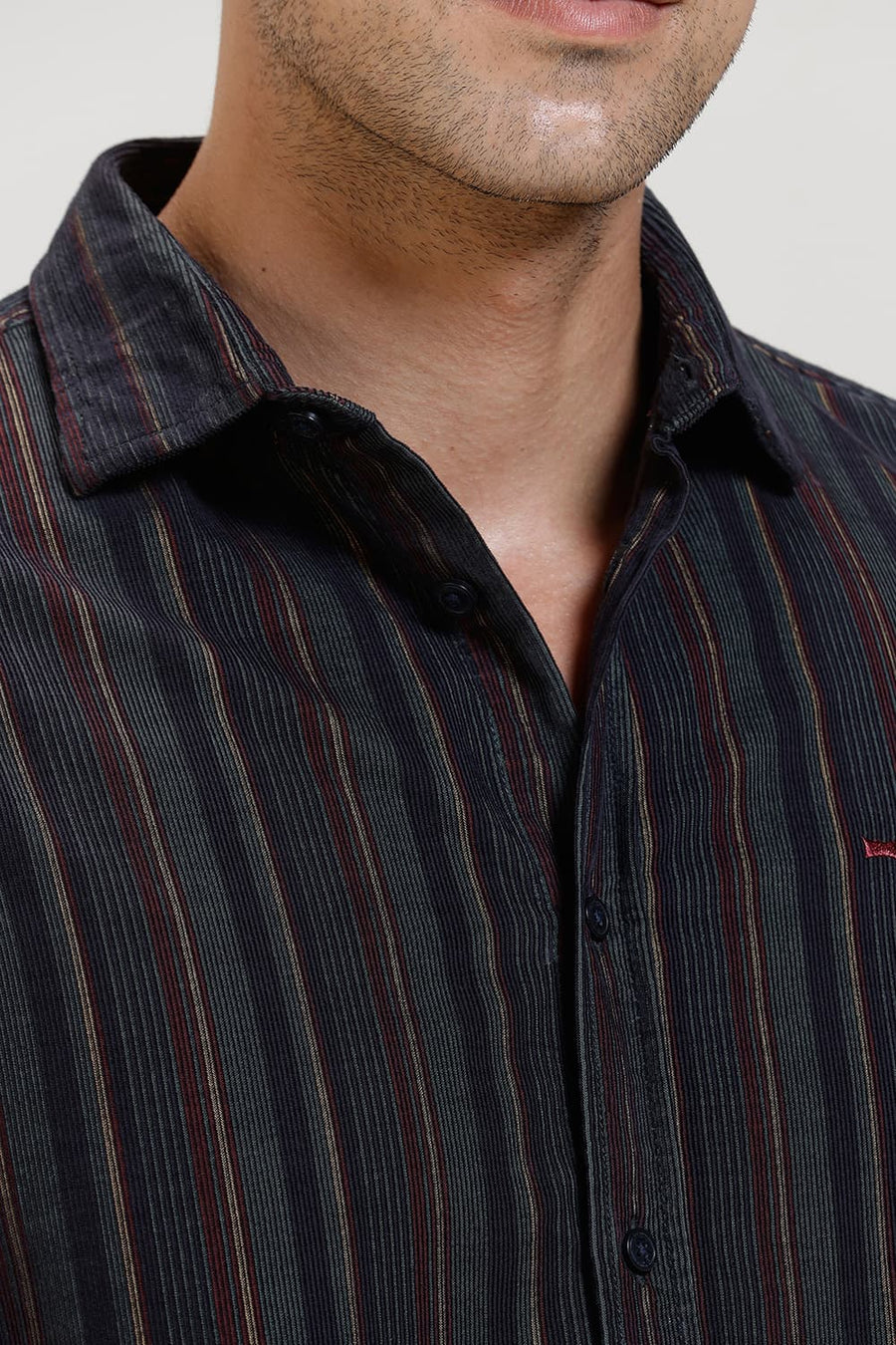 BASICS SLIM FIT DARK GREEN OCEAN COTTON CORDUROY STRIPE HALFSLEEVES SHIRT