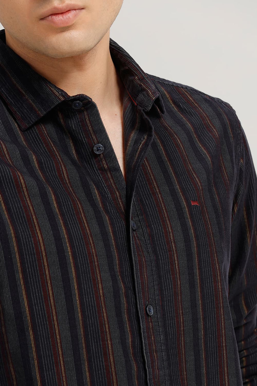 BASICS SLIM FIT DARK GREEN OCEAN COTTON CORDUROY STRIPE SHIRT