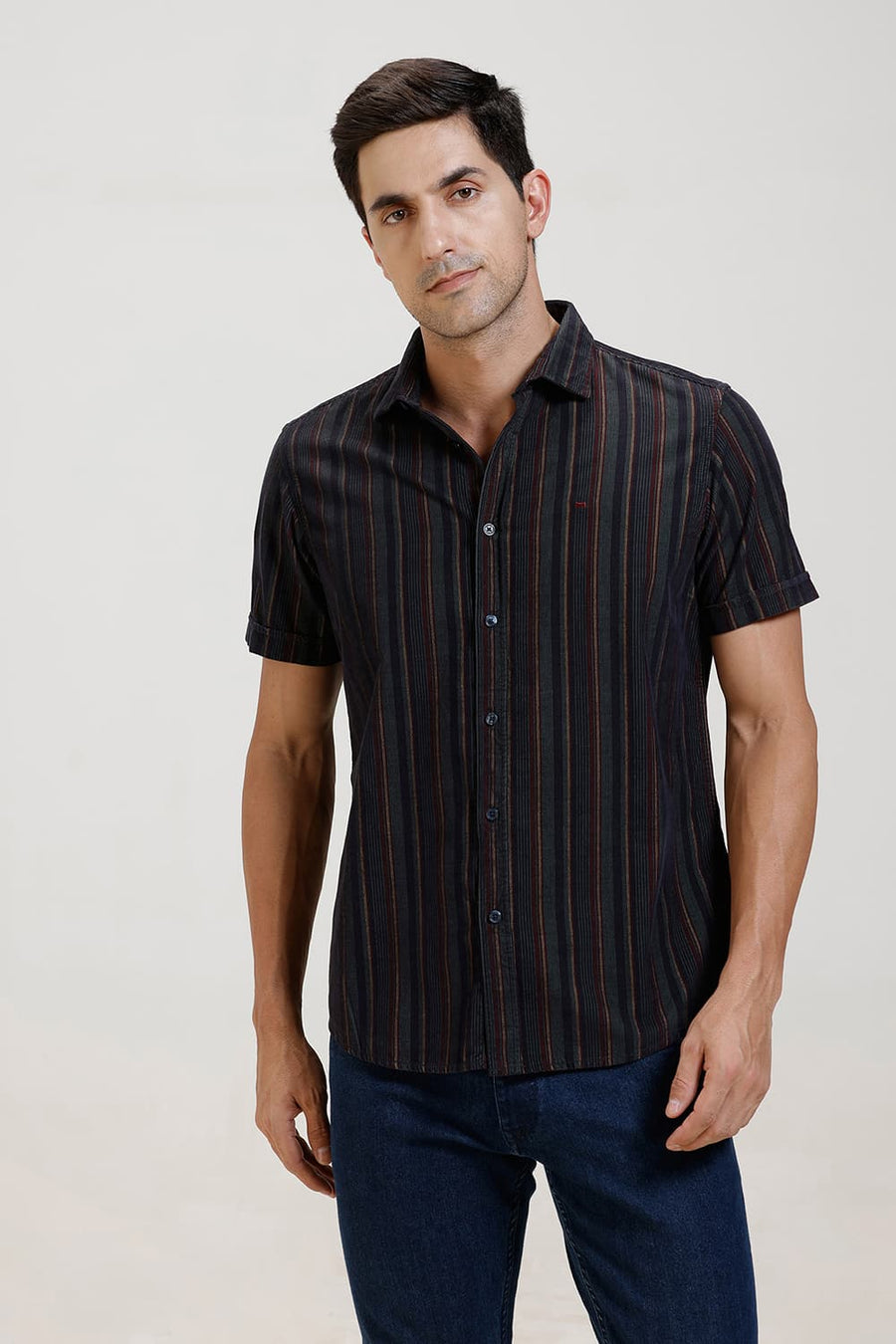 BASICS SLIM FIT DARK GREEN OCEAN COTTON CORDUROY STRIPE HALFSLEEVES SHIRT