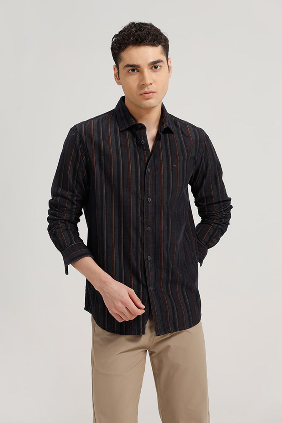 BASICS SLIM FIT DARK GREEN OCEAN COTTON CORDUROY STRIPE SHIRT