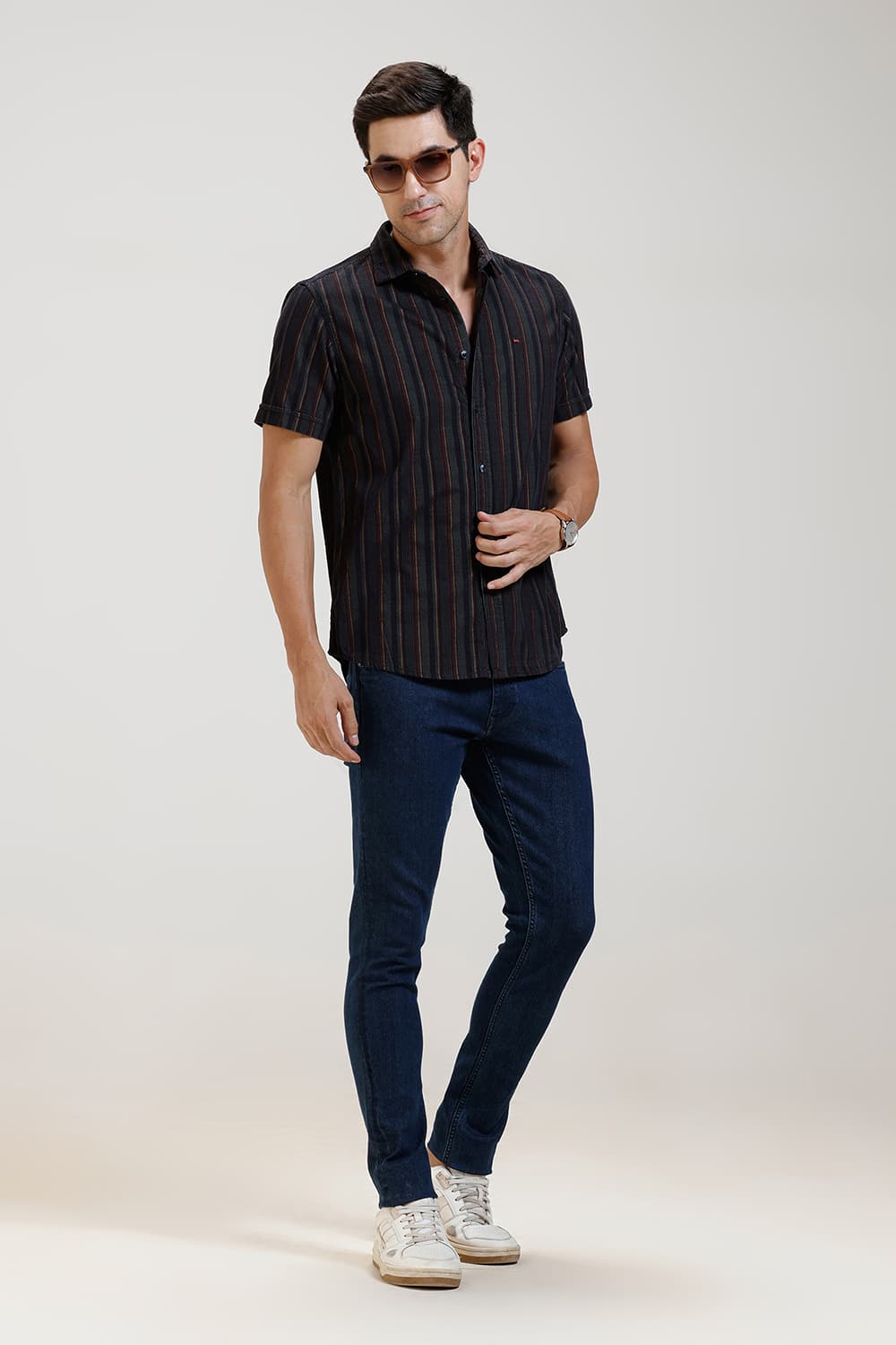 SLIM FIT COTTON CORDUROY STRIPE HALFSLEEVES SHIRT