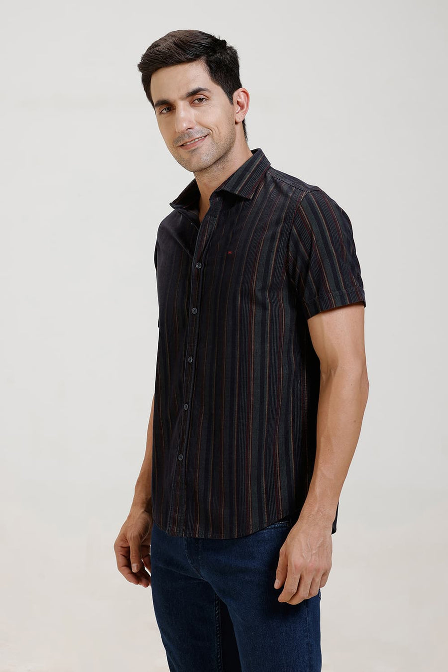 BASICS SLIM FIT DARK GREEN OCEAN COTTON CORDUROY STRIPE HALFSLEEVES SHIRT