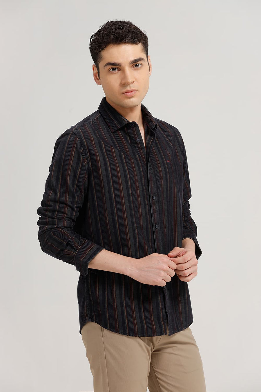 BASICS SLIM FIT DARK GREEN OCEAN COTTON CORDUROY STRIPE SHIRT