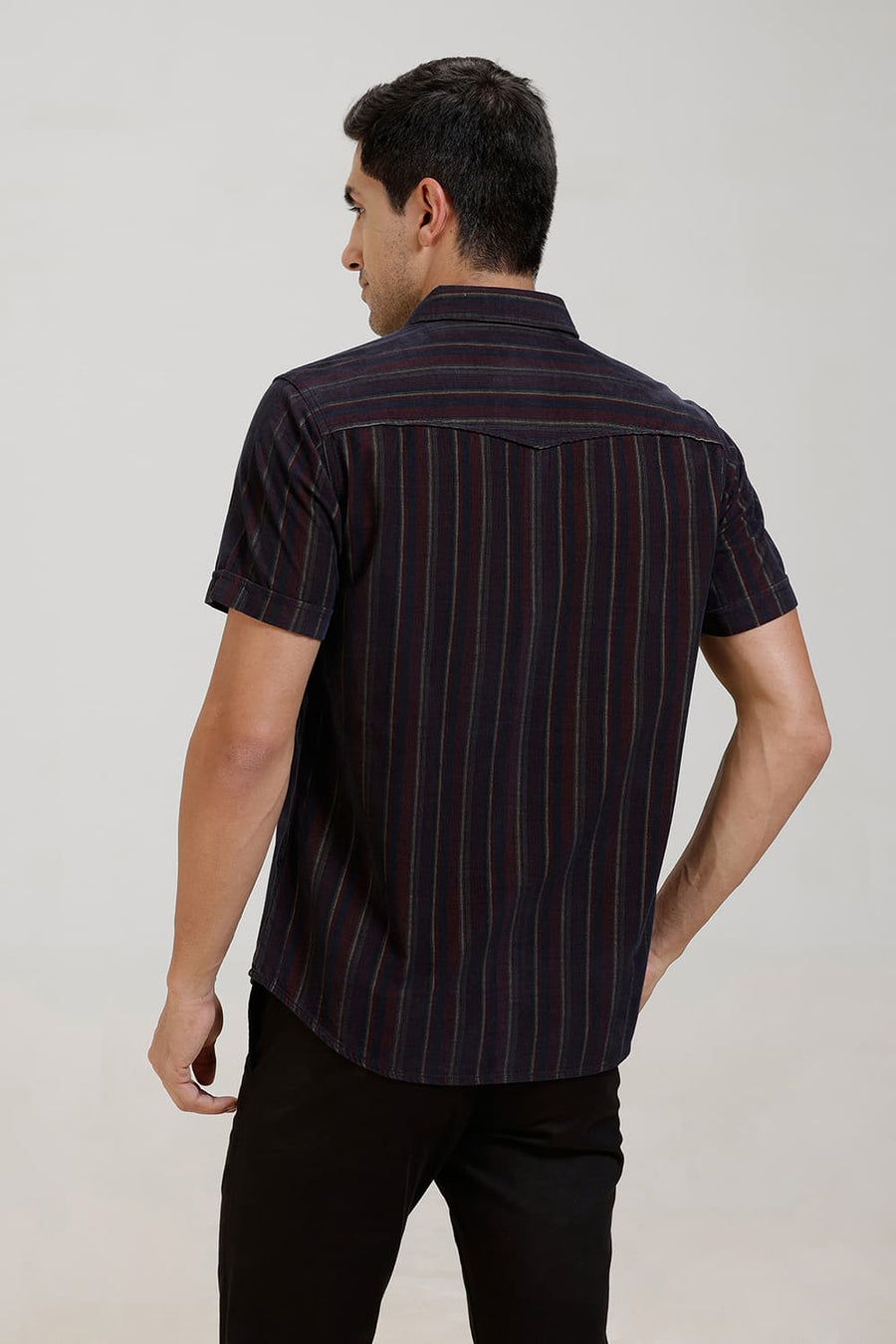 BASICS SLIM FIT MAROON ODYSSEY COTTON CORDUROY STRIPE HALFSLEEVES SHIRT