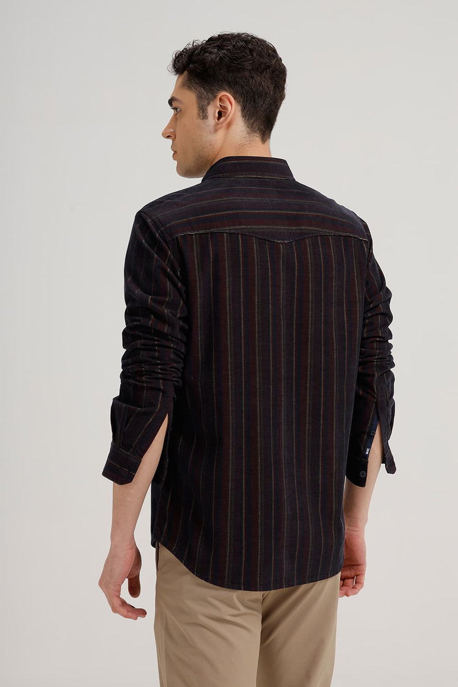 BASICS SLIM FIT MAROON ODYSSEY COTTON CORDUROY STRIPE SHIRT
