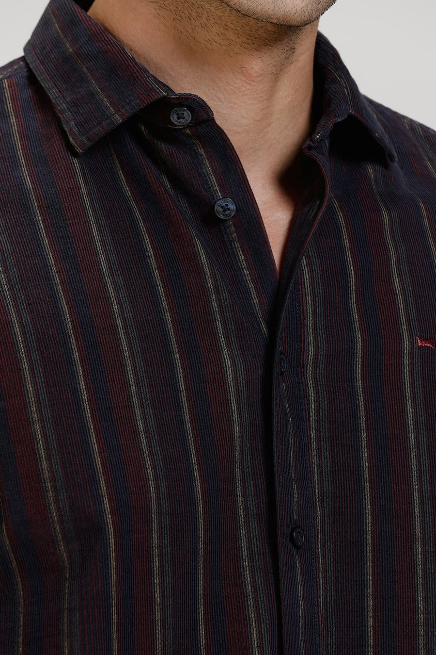 BASICS SLIM FIT MAROON ODYSSEY COTTON CORDUROY STRIPE HALFSLEEVES SHIRT