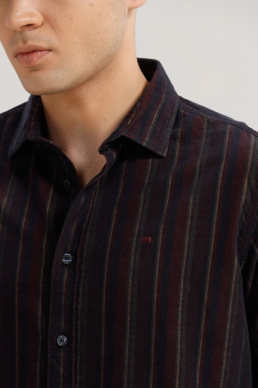 BASICS SLIM FIT MAROON ODYSSEY COTTON CORDUROY STRIPE SHIRT