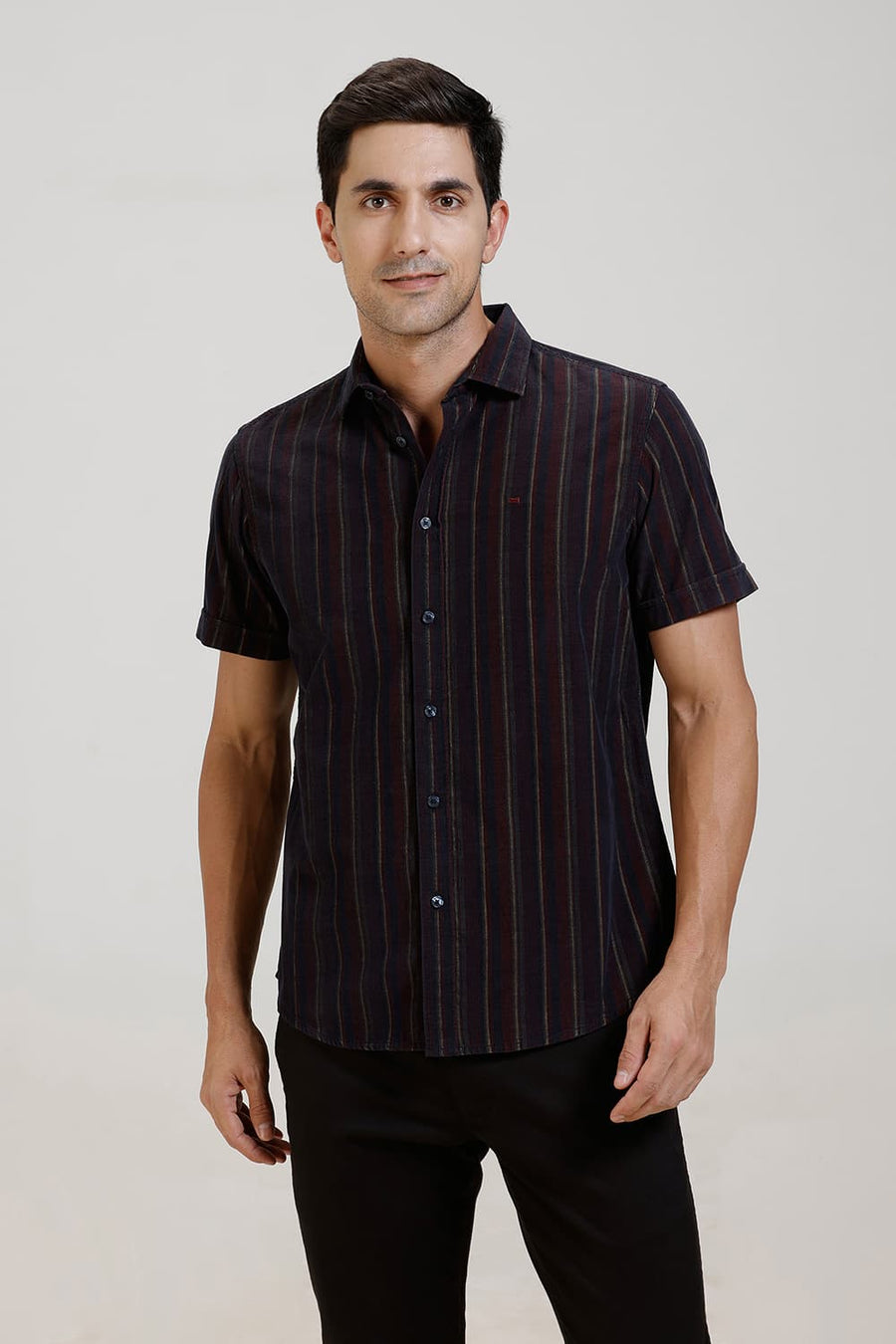 BASICS SLIM FIT MAROON ODYSSEY COTTON CORDUROY STRIPE HALFSLEEVES SHIRT
