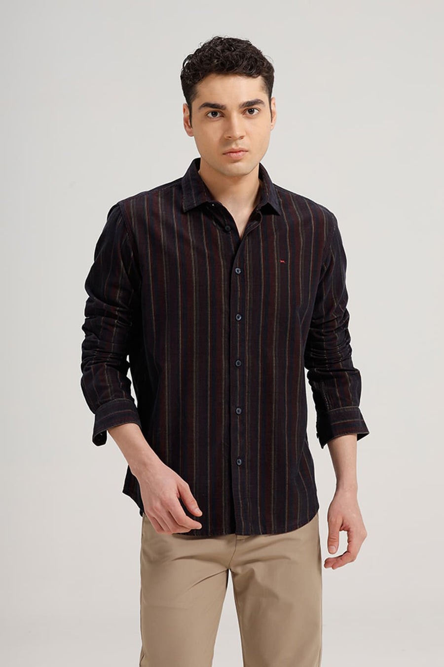 BASICS SLIM FIT MAROON ODYSSEY COTTON CORDUROY STRIPE SHIRT