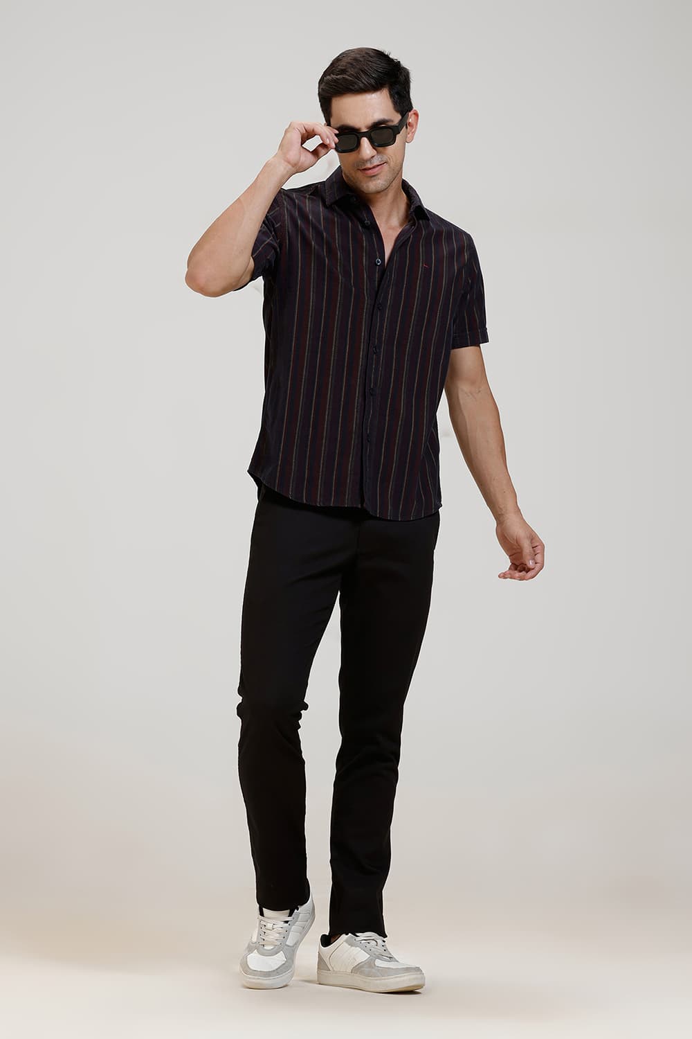 SLIM FIT COTTON CORDUROY STRIPE HALFSLEEVES SHIRT