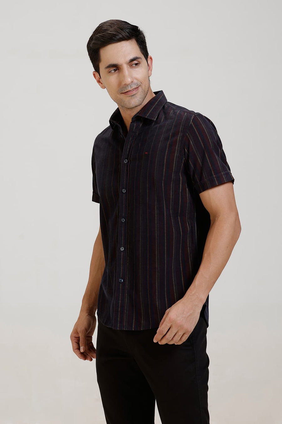 BASICS SLIM FIT MAROON ODYSSEY COTTON CORDUROY STRIPE HALFSLEEVES SHIRT