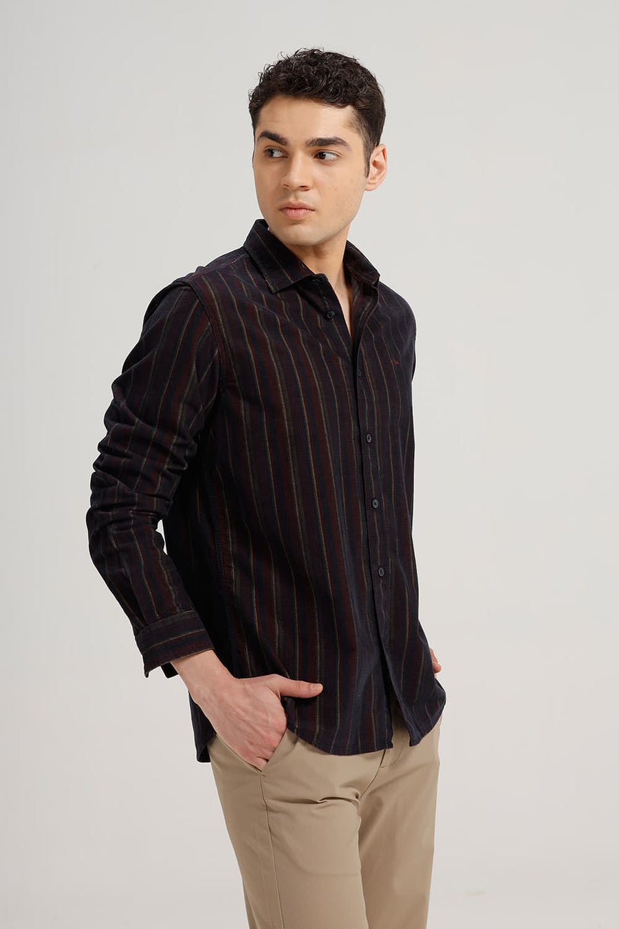 BASICS SLIM FIT MAROON ODYSSEY COTTON CORDUROY STRIPE SHIRT