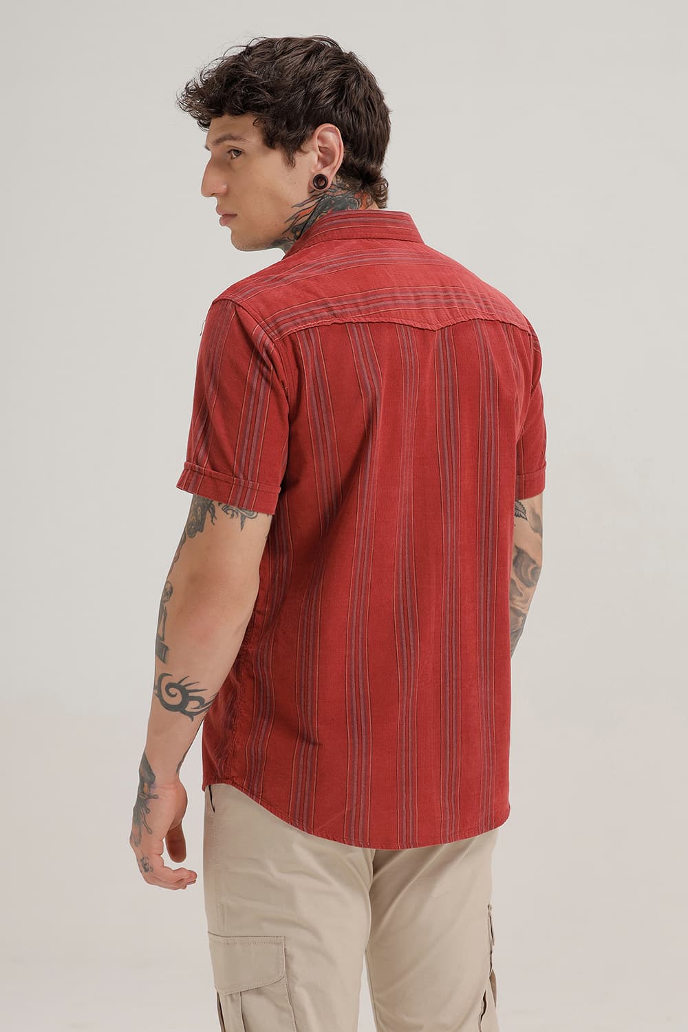 SLIM FIT COTTON CORDUROY STRIPE HALFSLEEVES SHIRT