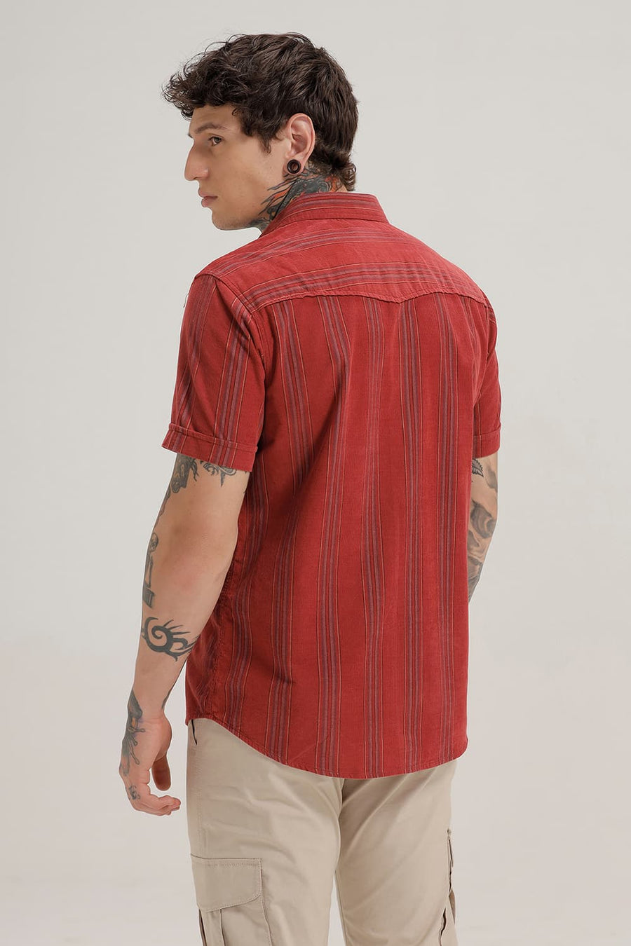 BASICS SLIM FIT RED DAHLIA COTTON CORDUROY STRIPE HALFSLEEVES SHIRT