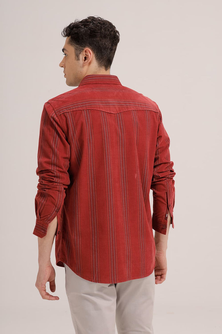 BASICS SLIM FIT RED DAHLIA COTTON CORDUROY STRIPE SHIRT