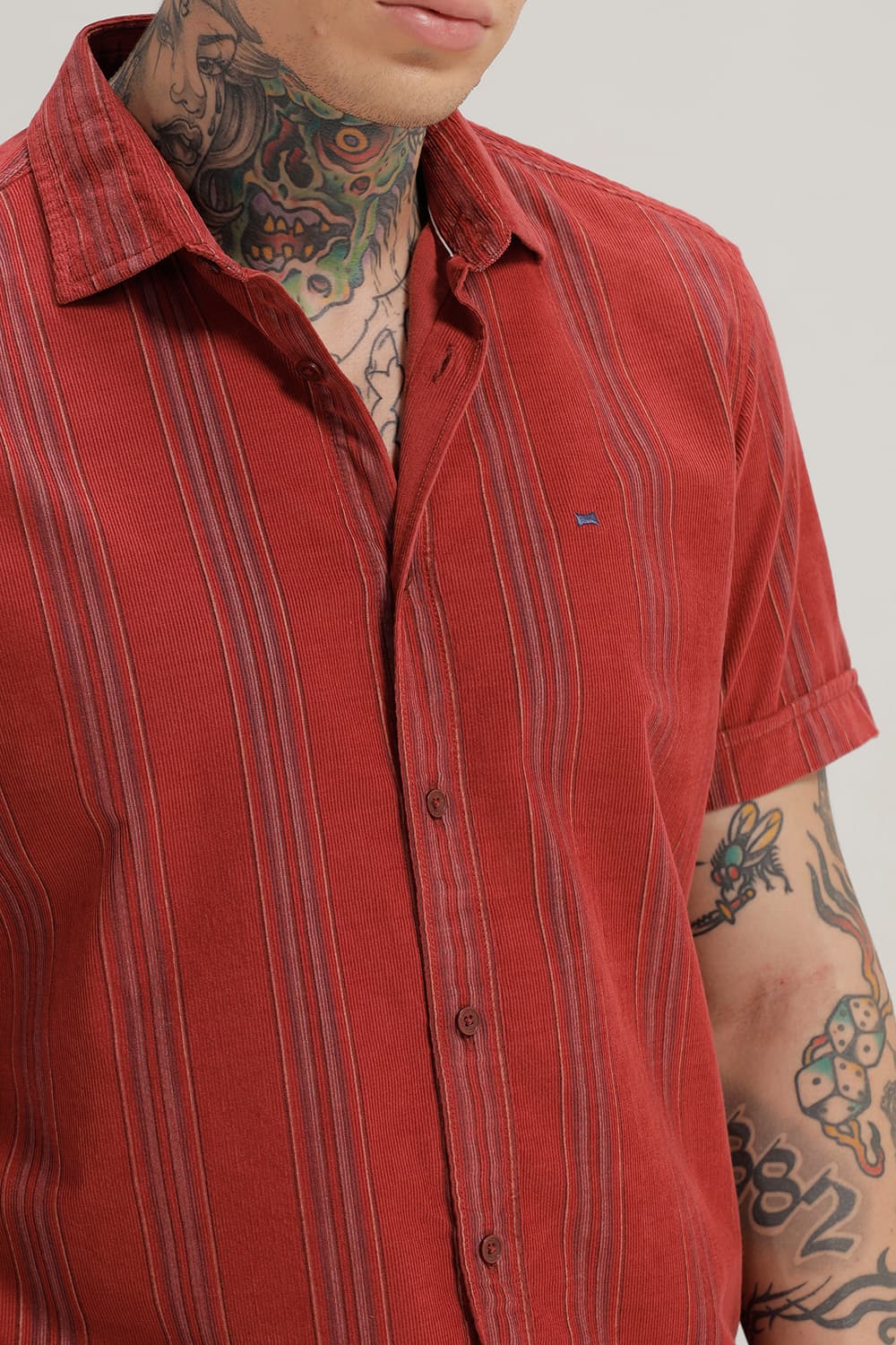 SLIM FIT COTTON CORDUROY STRIPE HALFSLEEVES SHIRT