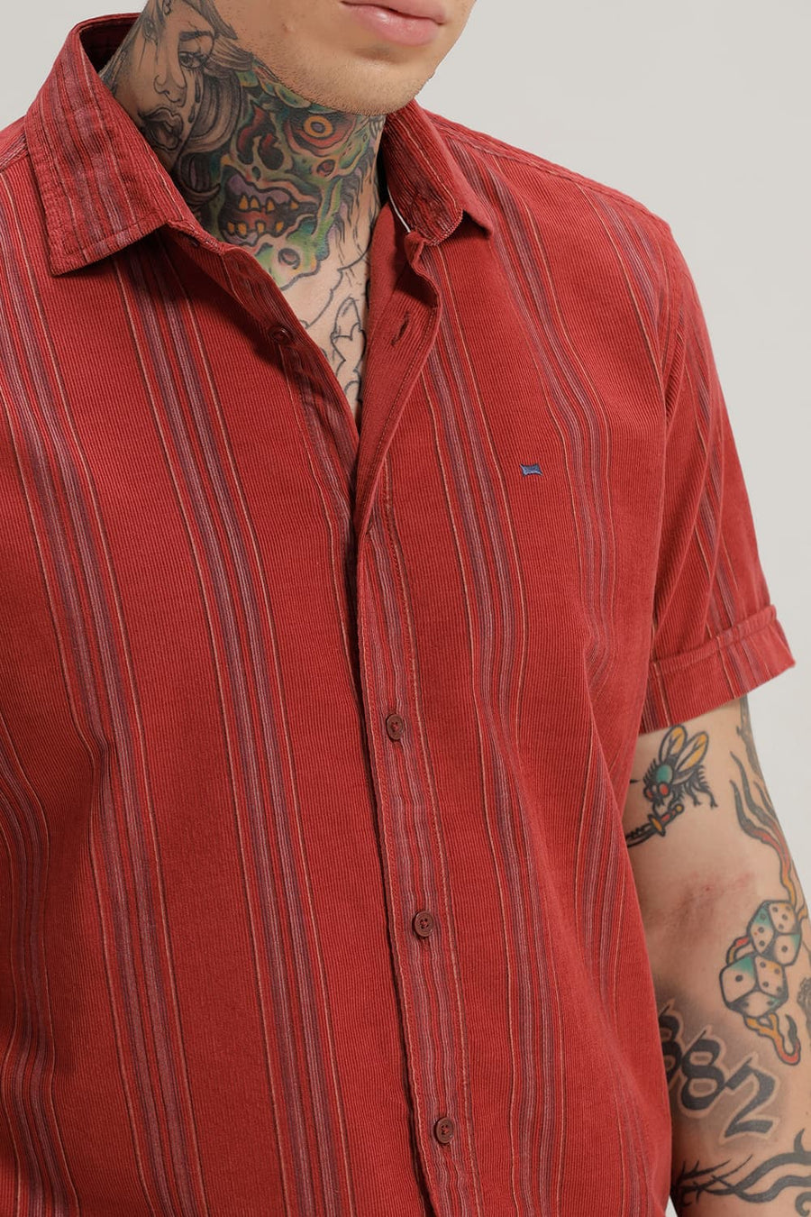 BASICS SLIM FIT RED DAHLIA COTTON CORDUROY STRIPE HALFSLEEVES SHIRT