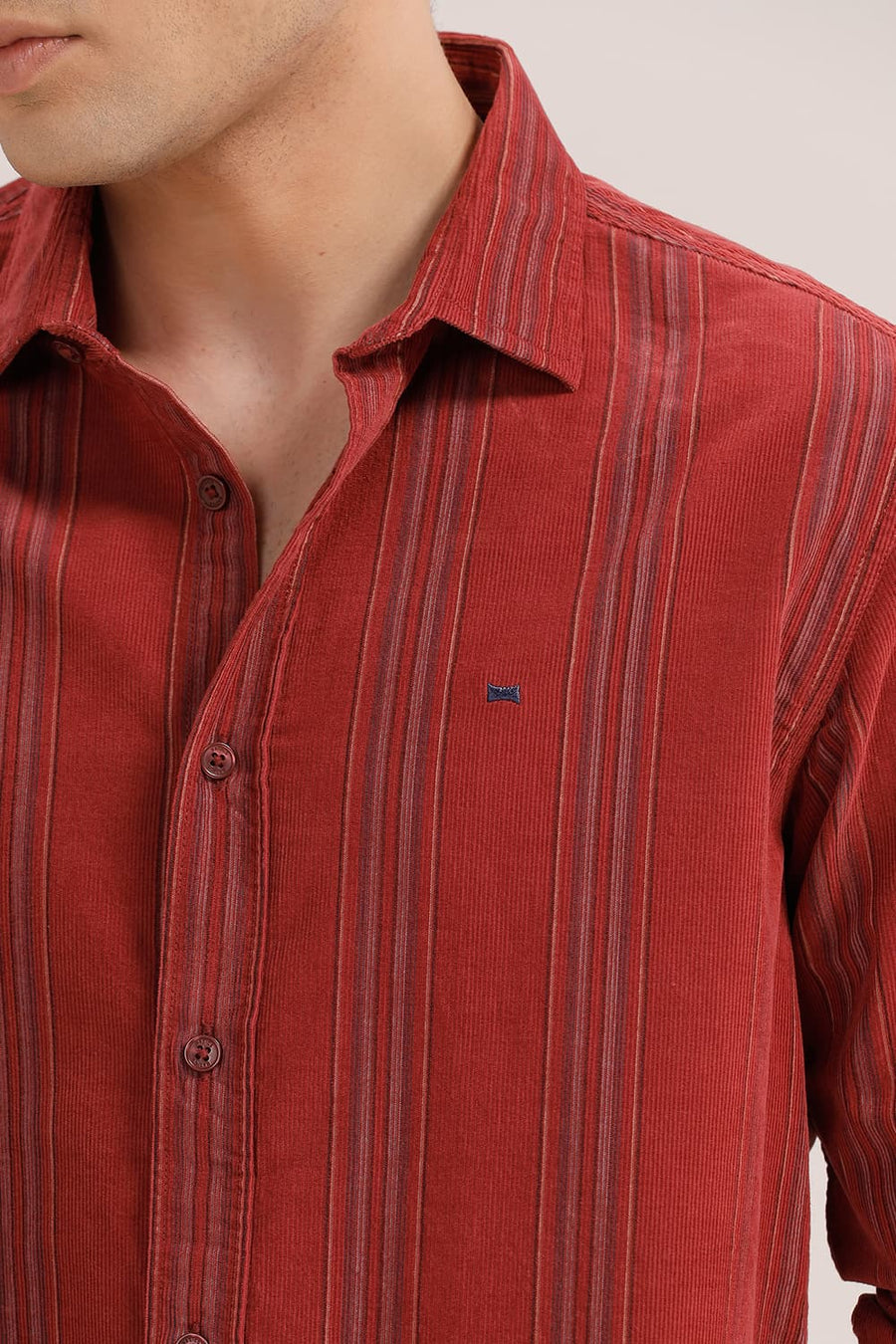 BASICS SLIM FIT RED DAHLIA COTTON CORDUROY STRIPE SHIRT