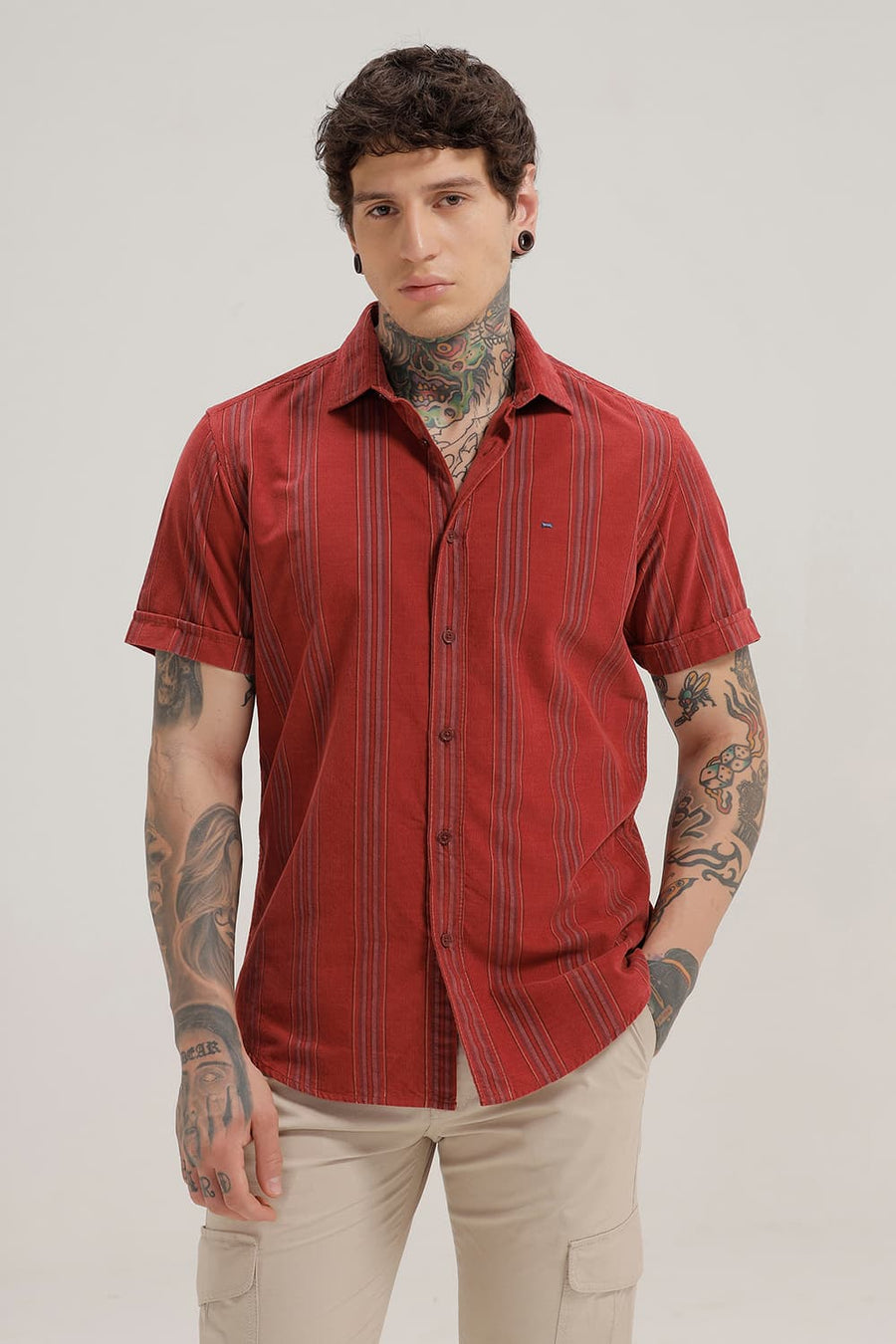 BASICS SLIM FIT RED DAHLIA COTTON CORDUROY STRIPE HALFSLEEVES SHIRT