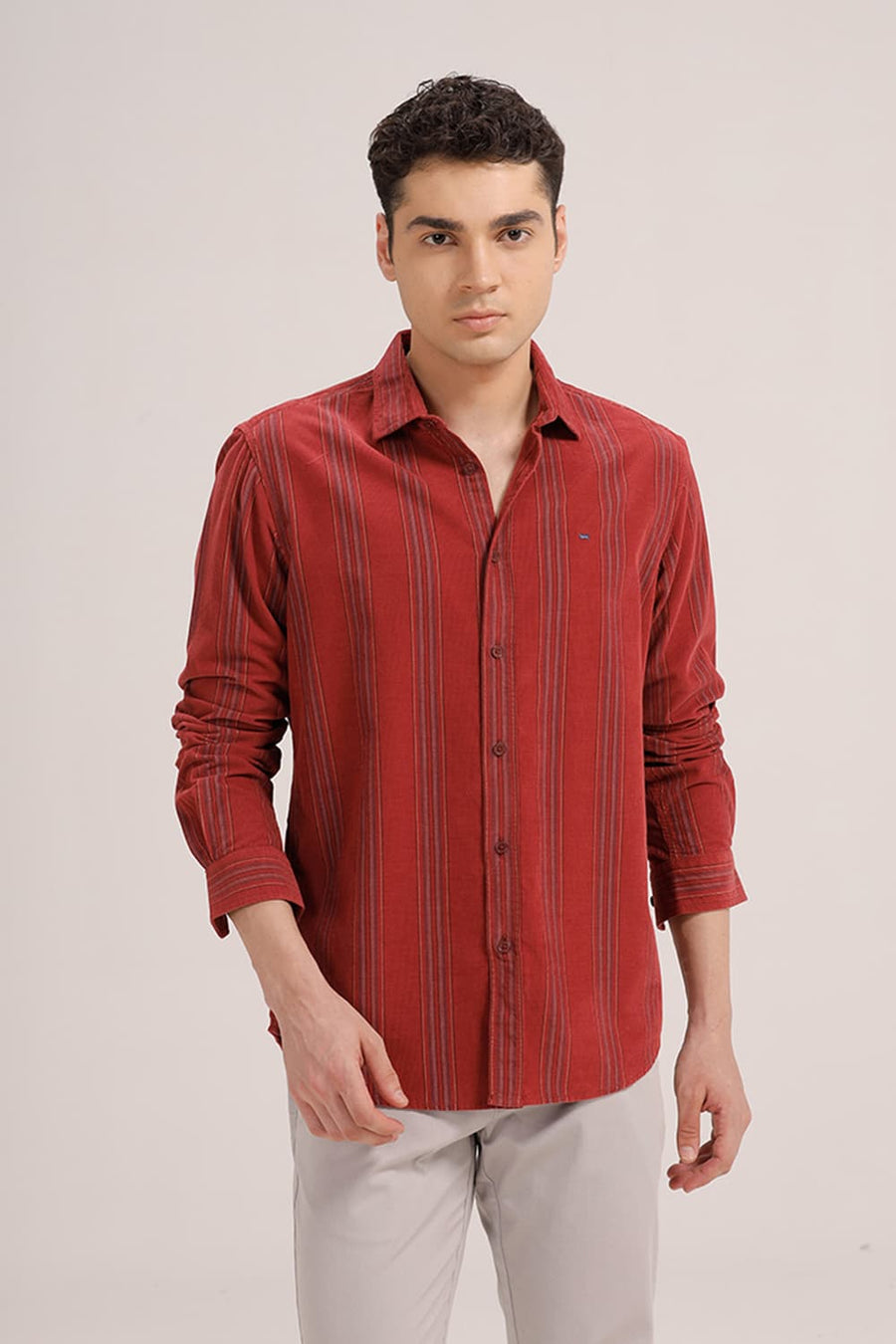 BASICS SLIM FIT RED DAHLIA COTTON CORDUROY STRIPE SHIRT