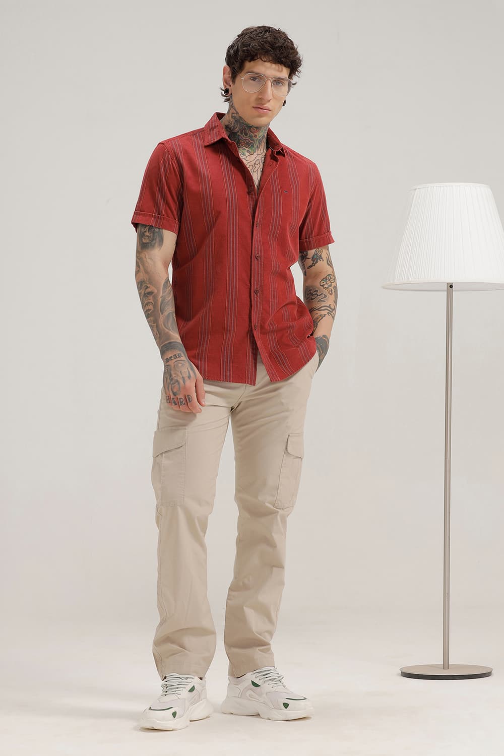 SLIM FIT COTTON CORDUROY STRIPE HALFSLEEVES SHIRT