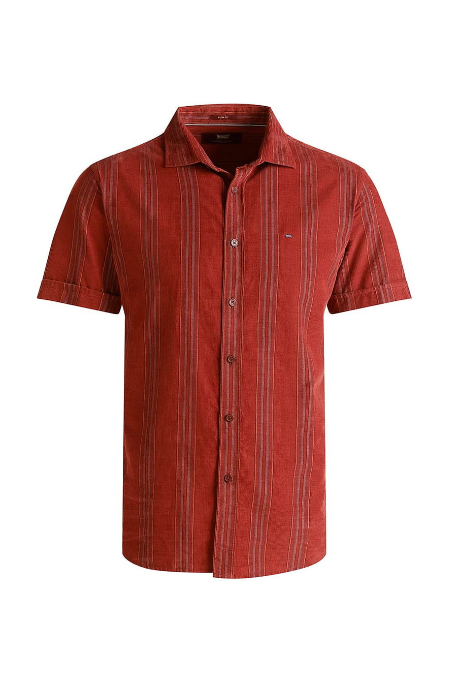 BASICS SLIM FIT RED DAHLIA COTTON CORDUROY STRIPE HALFSLEEVES SHIRT