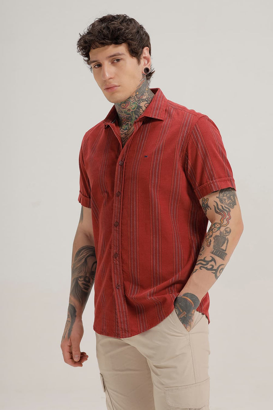 BASICS SLIM FIT RED DAHLIA COTTON CORDUROY STRIPE HALFSLEEVES SHIRT
